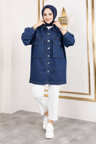 Körüklü Cepli Oversize Kot Ceket TSD250103 Koyu Mavi - Tesettür Dünyası