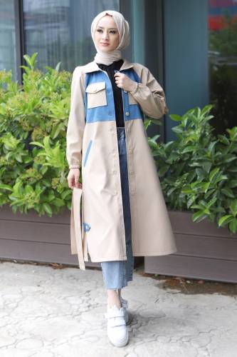 Kot Detaylı Trençkot TSD220620 Bej - Tesettür Dünyası