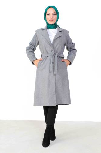 Kruvaze Yaka Beli Kuşaklı Kaşe Kaban TSD230806 Gri 