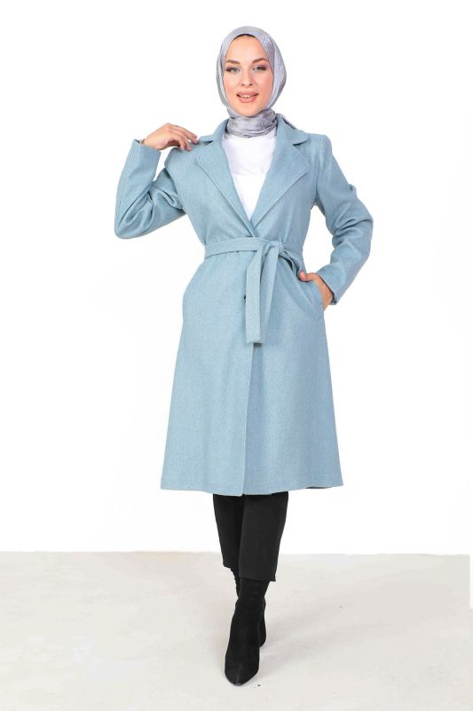 Kruvaze Yaka Beli Kuşaklı Kaşe Kaban TSD230806 Mavi - Tesettür Dünyası