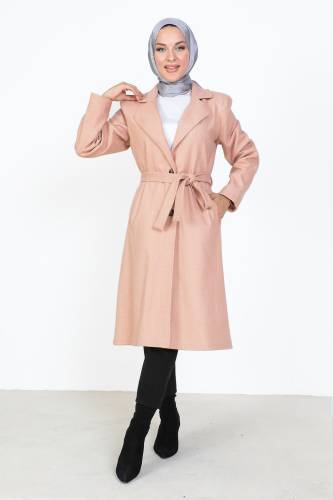 Kruvaze Yaka Beli Kuşaklı Kaşe Kaban TSD230806 Pudra 