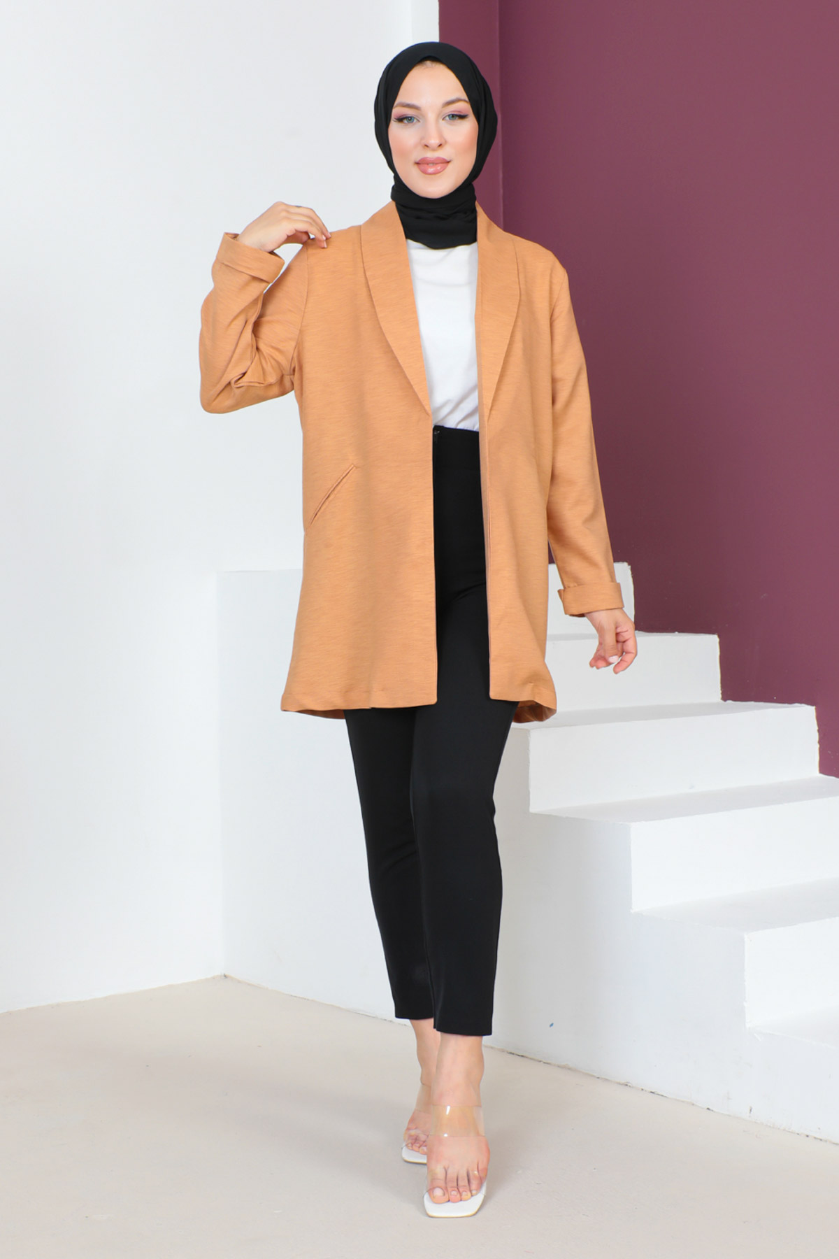 Tesettür Dünyası - Kruvaze Yaka Ceket TSD230640 Taba