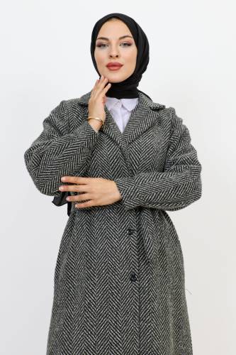 Kruvaze Yaka Düğmeli Kap TSD231111 Füme - Tesettür Dünyası (1)