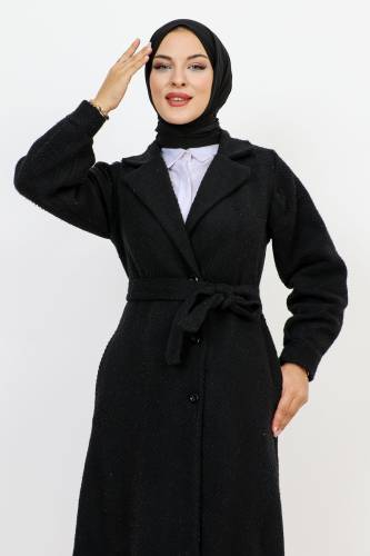 Kruvaze Yaka Düğmeli Kap TSD231111 Siyah - Tesettür Dünyası (1)