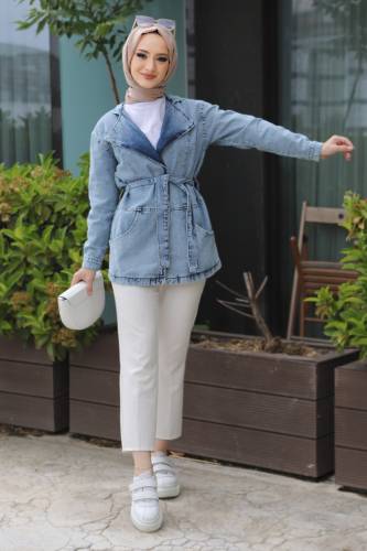 Kruvaze Yaka Kot Ceket TSD220607 Açık Mavi - 2