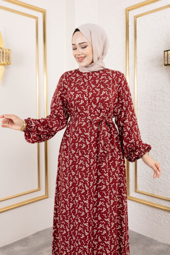 Küçük Çiçek Desenli Viskon Elbise TSD250215 Bordo - 2