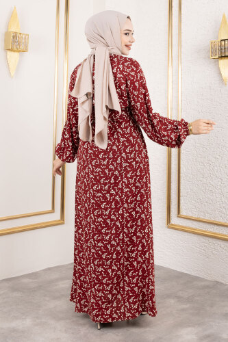 Küçük Çiçek Desenli Viskon Elbise TSD250215 Bordo - 5