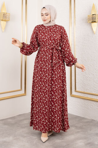 Küçük Çiçek Desenli Viskon Elbise TSD250215 Bordo - 3
