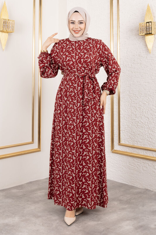 Küçük Çiçek Desenli Viskon Elbise TSD250215 Bordo - 4