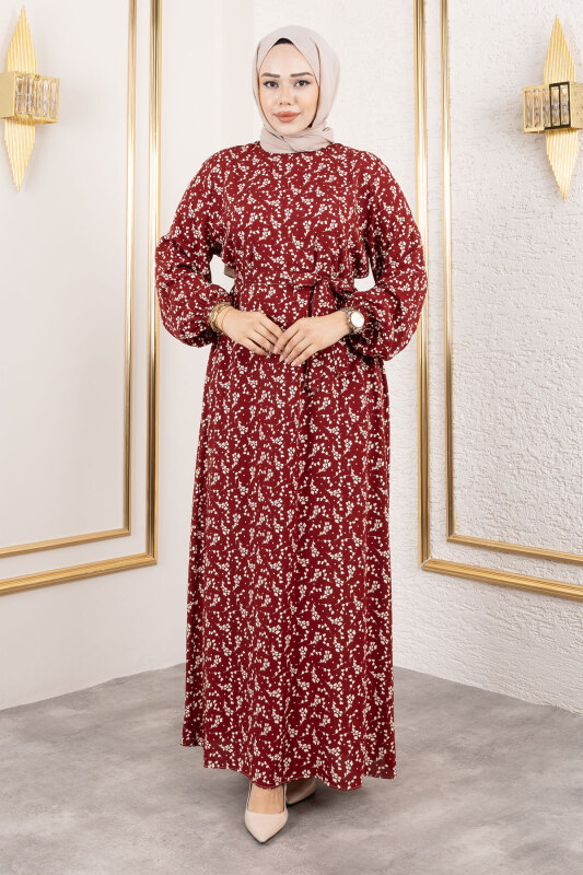 Küçük Çiçek Desenli Viskon Elbise TSD250215 Bordo - 1