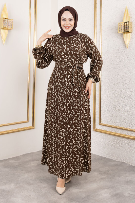 Küçük Çiçek Desenli Viskon Elbise TSD250215 Kahverengi - 1