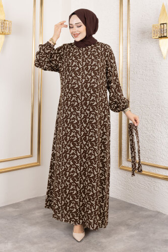 Küçük Çiçek Desenli Viskon Elbise TSD250215 Kahverengi - 4