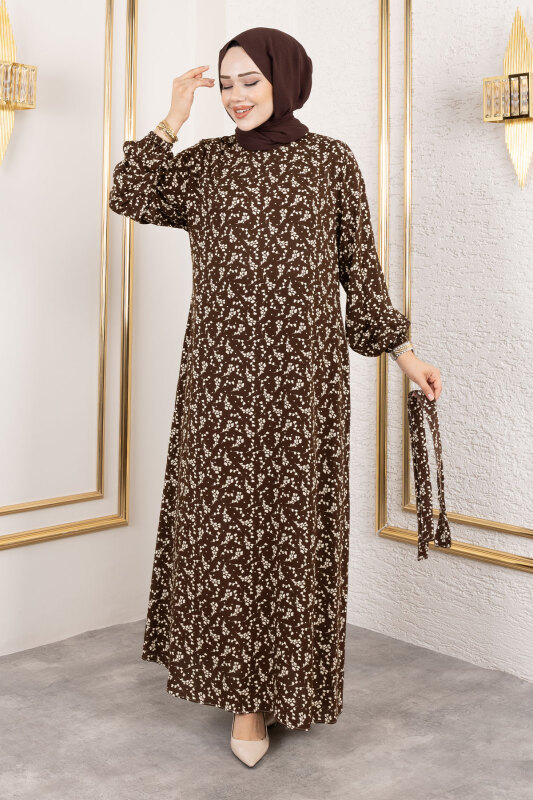 Küçük Çiçek Desenli Viskon Elbise TSD250215 Kahverengi - 4