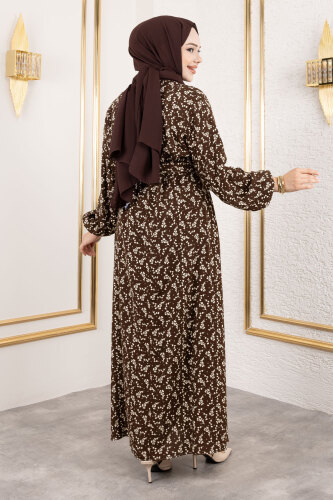 Küçük Çiçek Desenli Viskon Elbise TSD250215 Kahverengi - 5