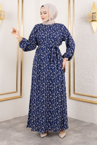 Küçük Çiçek Desenli Viskon Elbise TSD250215 Lacivert 