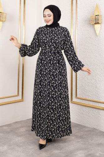 Küçük Çiçek Desenli Viskon Elbise TSD250215 Siyah 