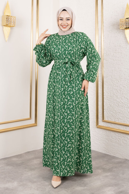 Küçük Çiçek Desenli Viskon Elbise TSD250215 Yeşil - 1