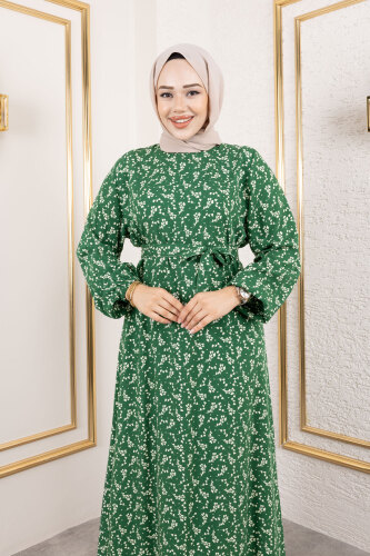 Küçük Çiçek Desenli Viskon Elbise TSD250215 Yeşil - 2
