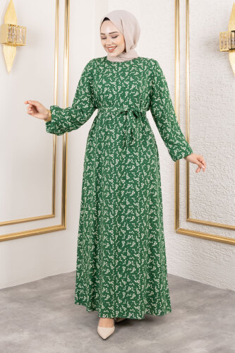 Küçük Çiçek Desenli Viskon Elbise TSD250215 Yeşil - 3
