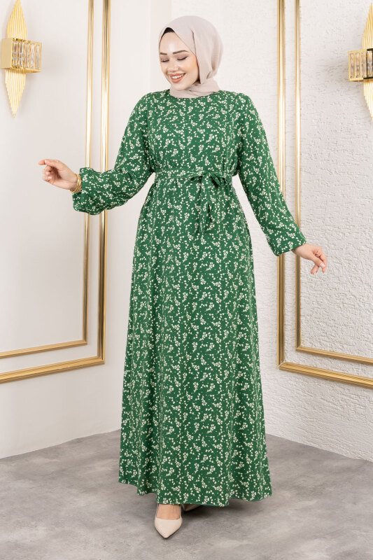 Küçük Çiçek Desenli Viskon Elbise TSD250215 Yeşil - 3