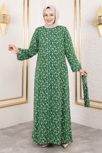 Küçük Çiçek Desenli Viskon Elbise TSD250215 Yeşil - 4