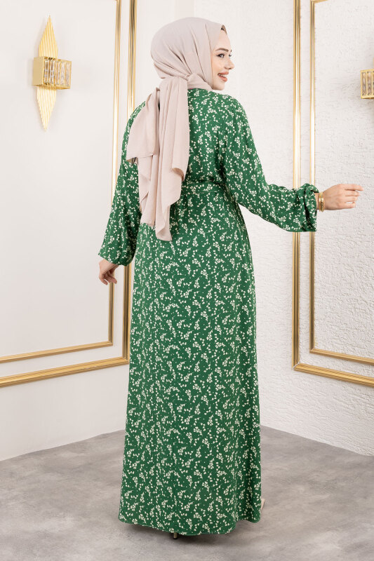 Küçük Çiçek Desenli Viskon Elbise TSD250215 Yeşil - 5