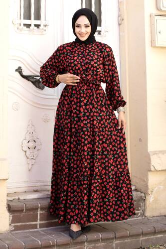 Küçük Gül Desenli Beli Kuşaklı Viskon Elbise TSD240606 Kırmızı - Tesettür Dünyası