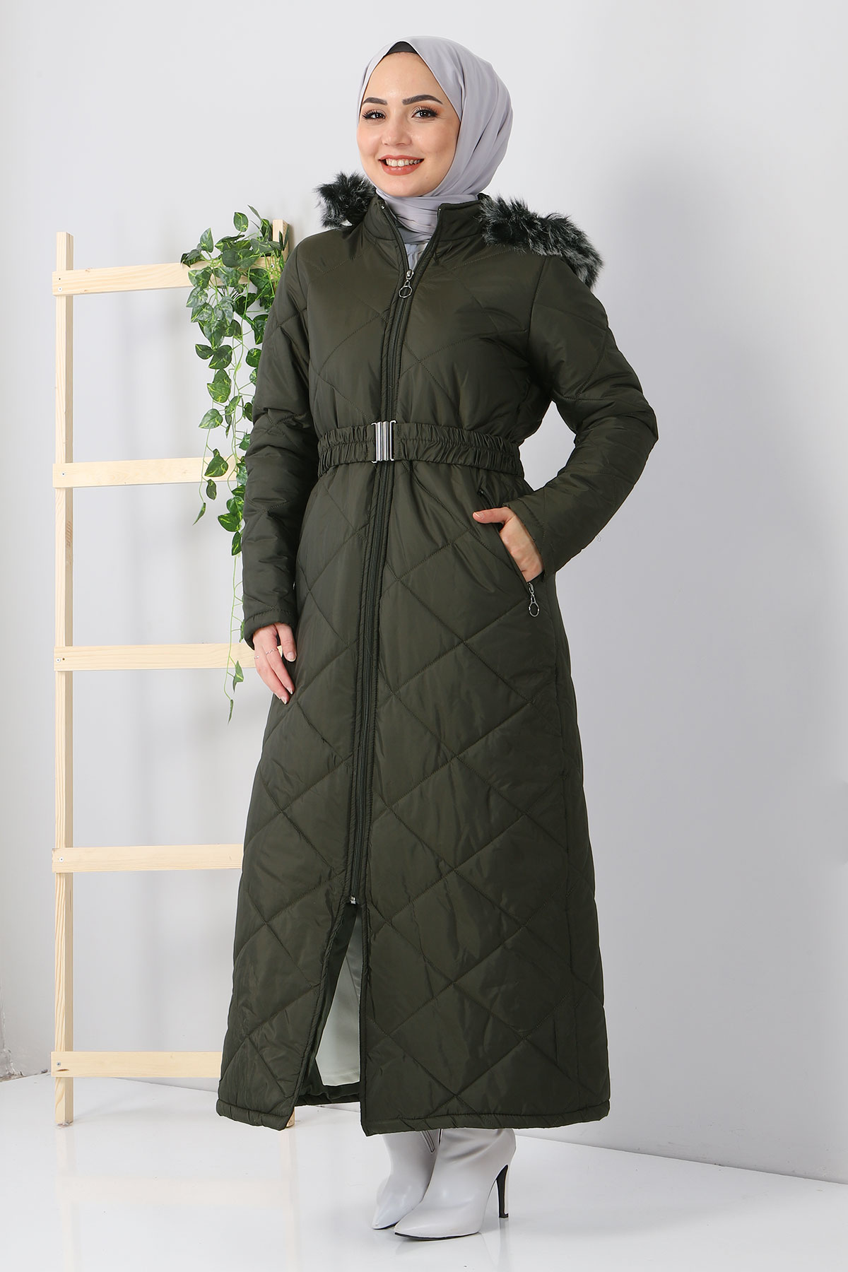 Tesettür Dünyası - Fur Quilted Coat TSD1346 Khaki