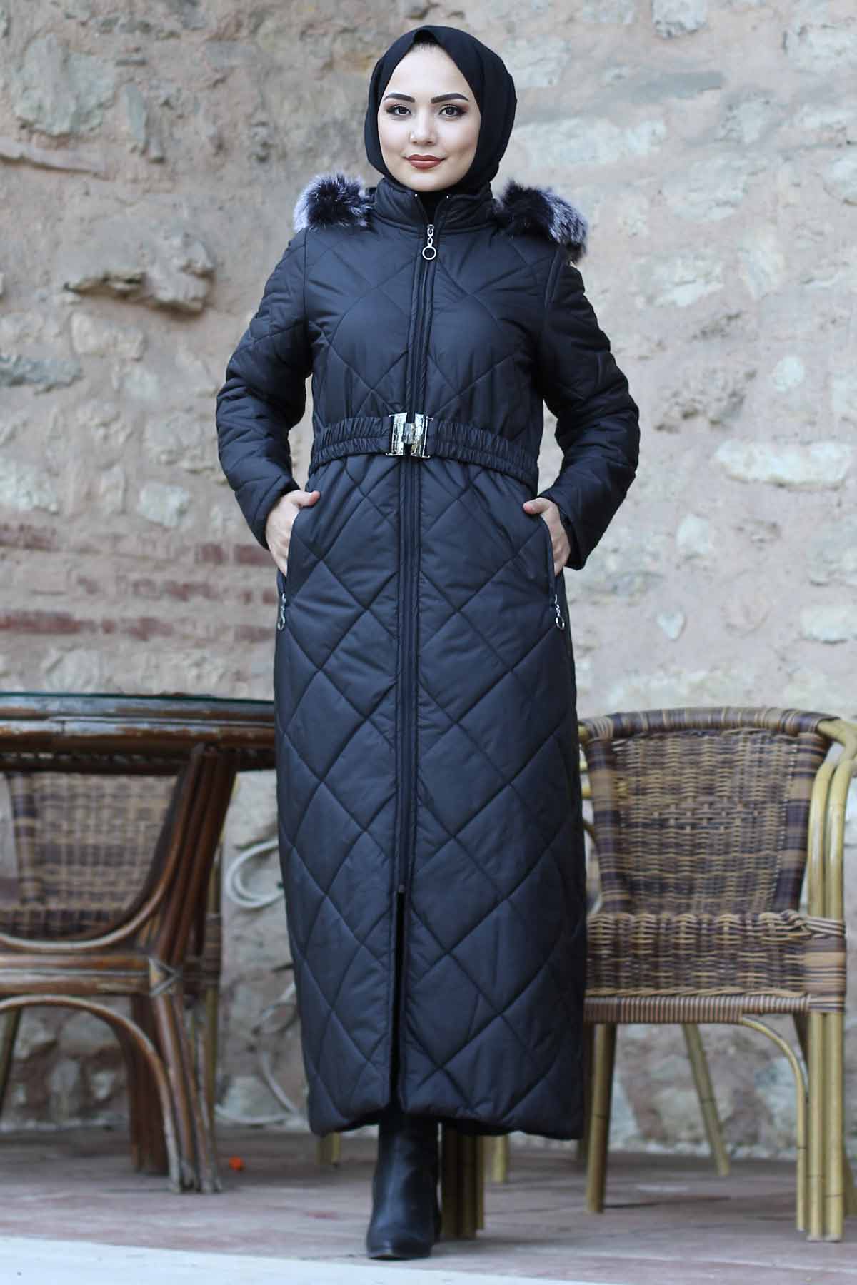 Tesettür Dünyası - Furry Quilted Coat TSD1346 Black