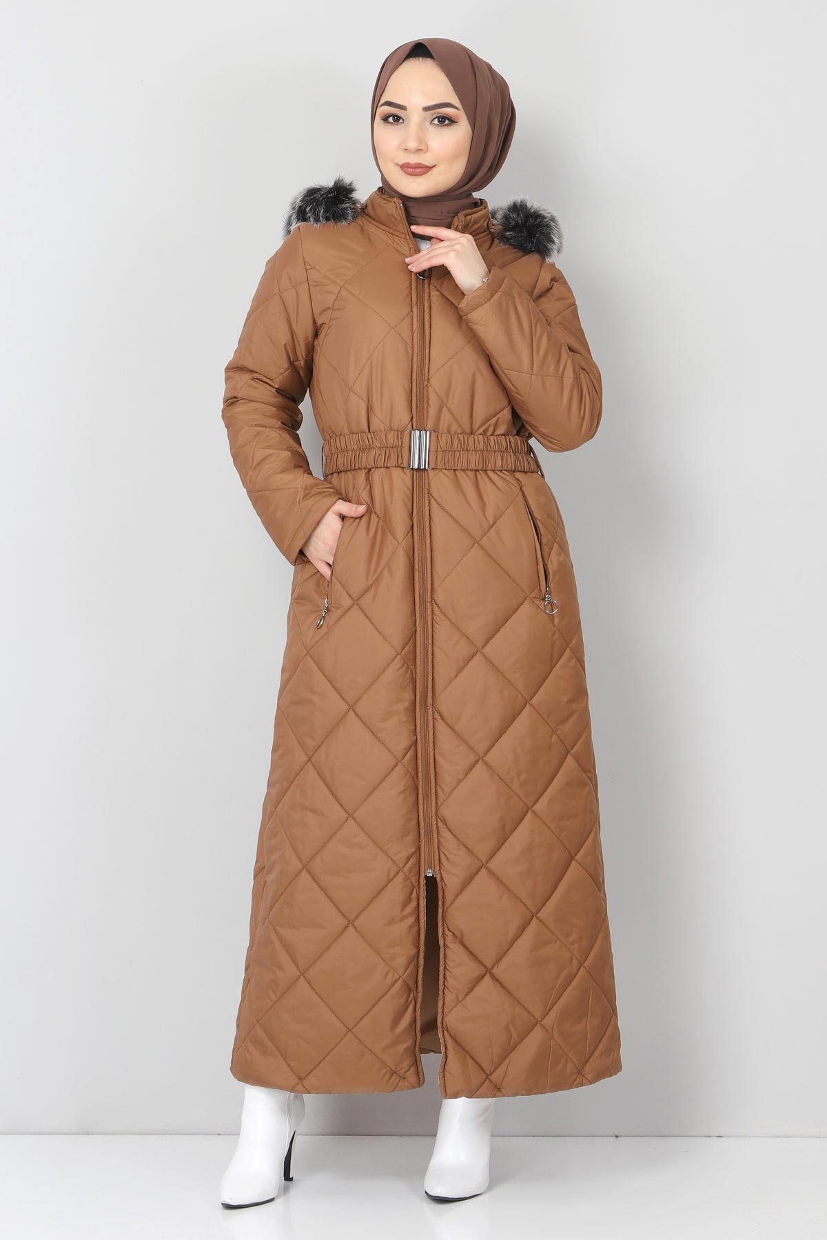 Tesettür Dünyası - Fur Quilted Coat TSD1346 Light Brown