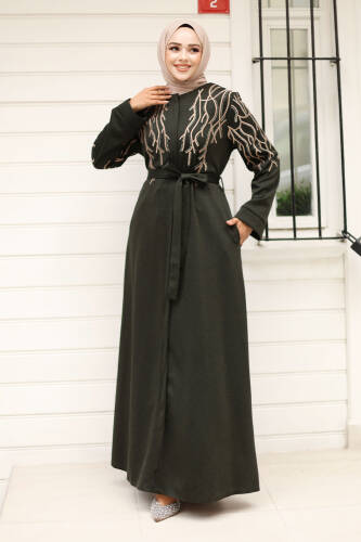 Kuşaklı Dal Desenli Tesettür Ferace TSD240927 Haki 