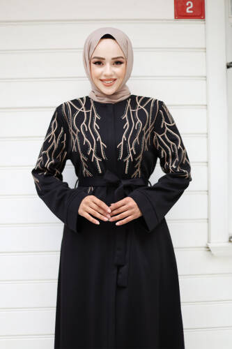 Kuşaklı Dal Desenli Tesettür Ferace TSD240927 Siyah - 2