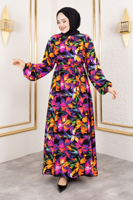Lale Desenli Viskon Elbise TSD250137 Siyah - 1