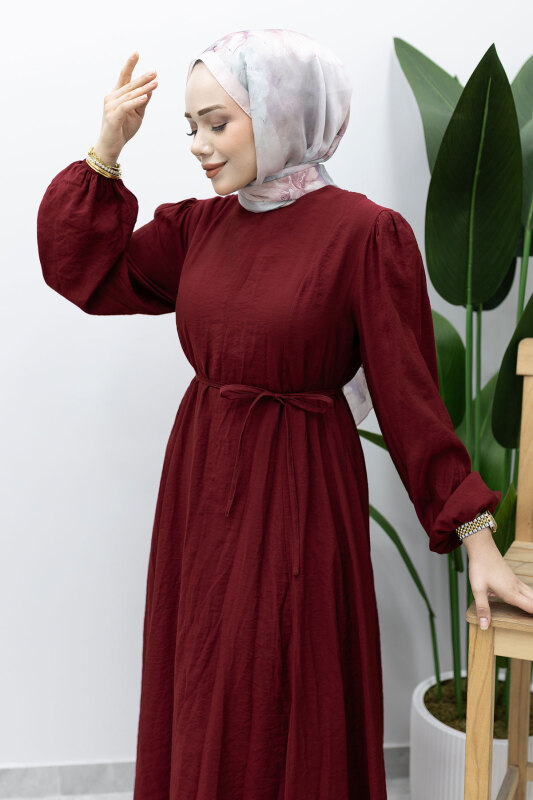 Lina Dikiş Ve Bağcık Detaylı Elbise TSD260223 Bordo - 2