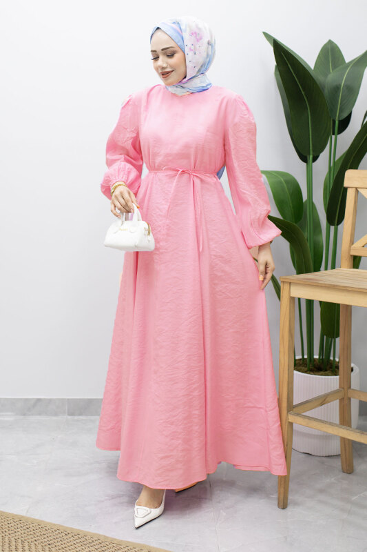 Lina Dikiş Ve Bağcık Detaylı Elbise TSD260223 Pembe - 1
