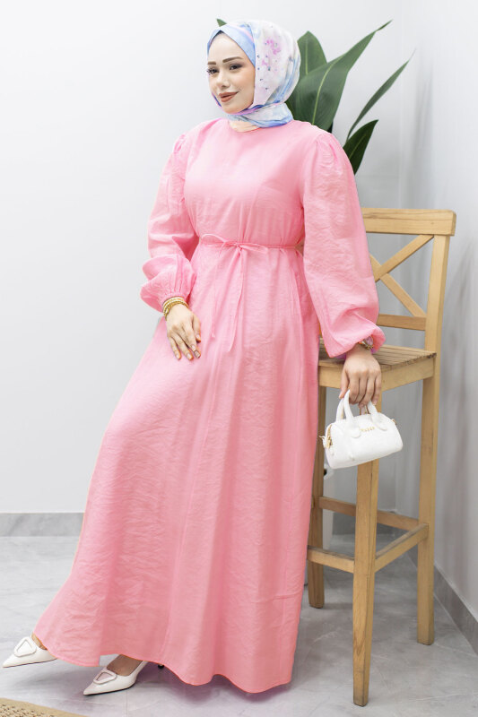 Lina Dikiş Ve Bağcık Detaylı Elbise TSD260223 Pembe - 3