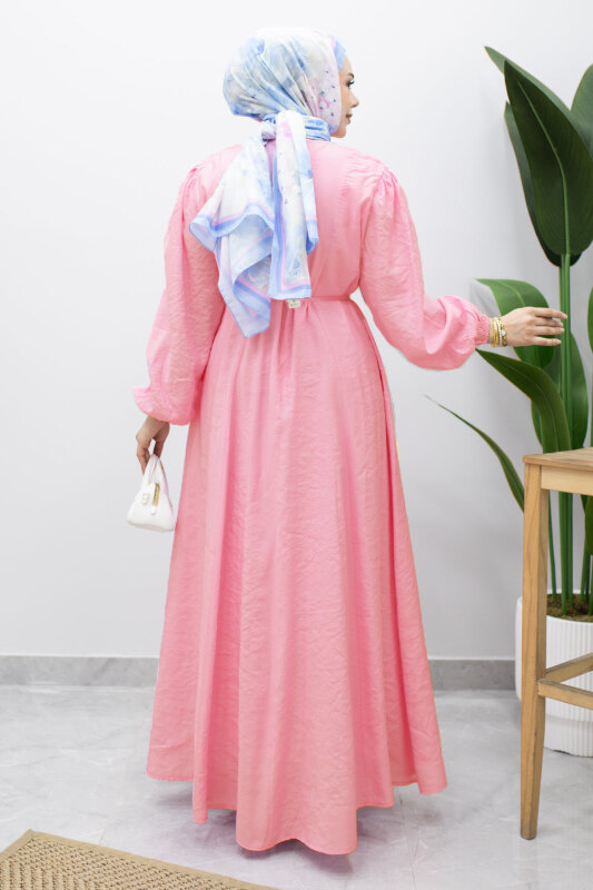 Lina Dikiş Ve Bağcık Detaylı Elbise TSD260223 Pembe - 6