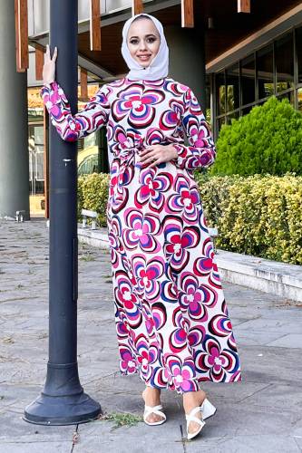 Manolya Desenli Beli Lastikli Elbise TSD220848 Fuşya 