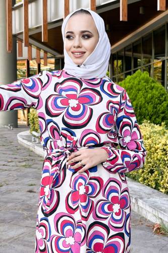 Manolya Desenli Beli Lastikli Elbise TSD220848 Fuşya - Tesettür Dünyası (1)