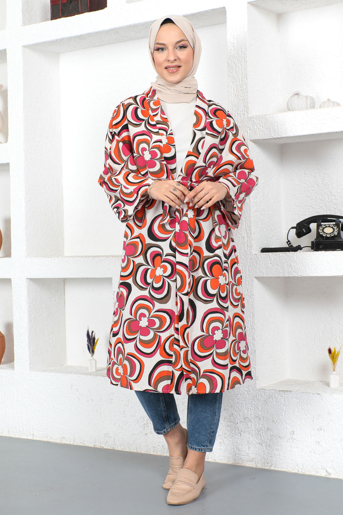 Tesettür Dünyası - Manolya Desenli Kimono TSD230434 Turuncu