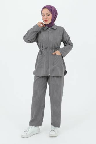 Melisa Beli Büzgülü Fermuarlı Takım TSD231208 Gri 