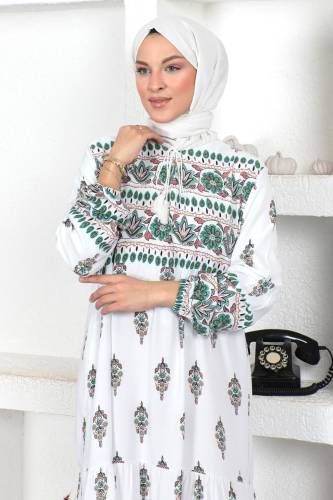Motifli Elbise TSD230407 Yeşil - Tesettür Dünyası (1)
