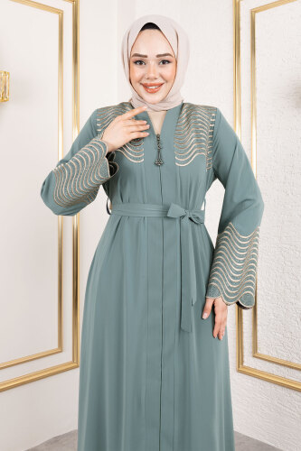 Nakış Ve Taş Detaylı Abaya TSD250110 Mint Yeşili - Tesettür Dünyası (1)