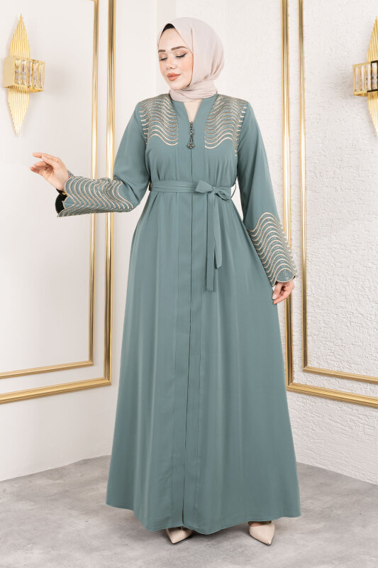Nakış Ve Taş Detaylı Abaya TSD250110 Mint Yeşili - 1