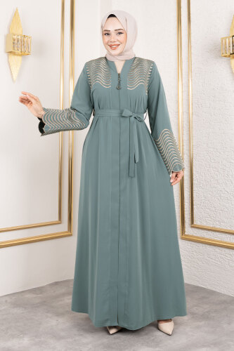 Nakış Ve Taş Detaylı Abaya TSD250110 Mint Yeşili - 3