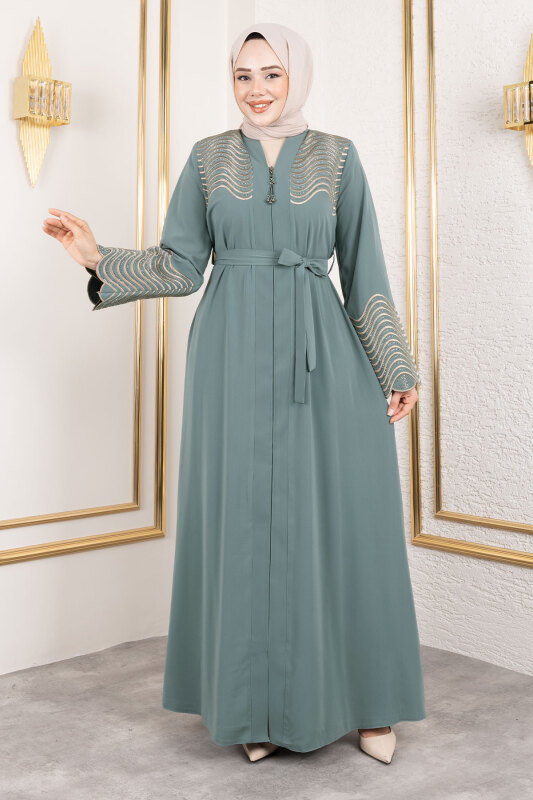 Nakış Ve Taş Detaylı Abaya TSD250110 Mint Yeşili - 3