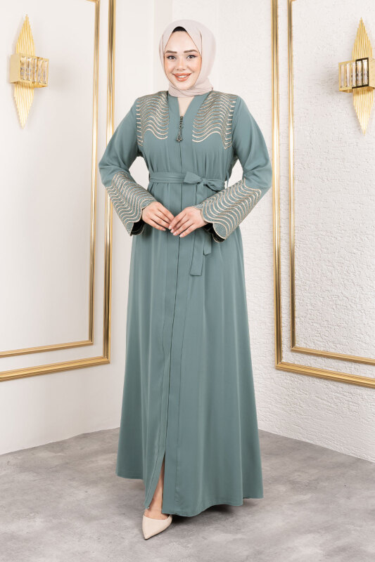 Nakış Ve Taş Detaylı Abaya TSD250110 Mint Yeşili - 4