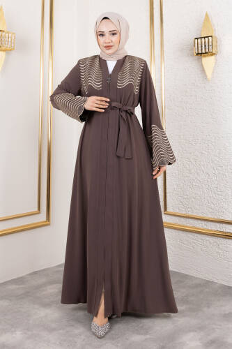 Nakış Ve Taş Detaylı Abaya TSD250110 Kahverengi - Tesettür Dünyası