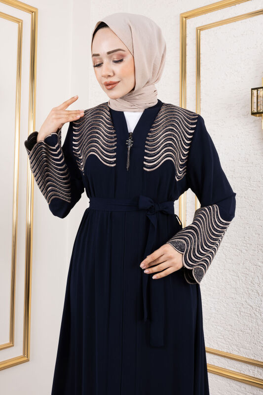 Nakış Ve Taş Detaylı Abaya TSD250110 Lacivert - Tesettür Dünyası (1)