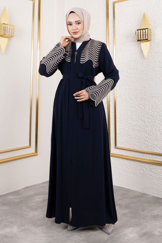 Nakış Ve Taş Detaylı Abaya TSD250110 Lacivert - Tesettür Dünyası